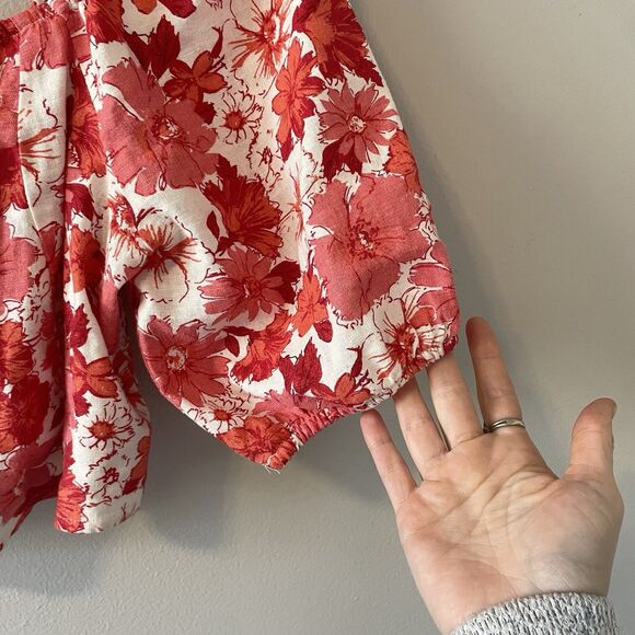 NWT Lucky Brand Linen Blend Floral Smocked Balloon Sleeve Top Sz M - Picture 9 of 10